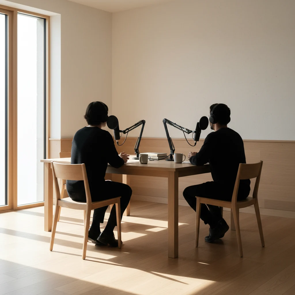 Kaksi henkilöä keskustelee podcastin kuvauksessa, kasvot eivät näy