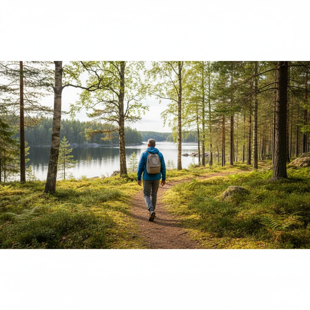 Anonyymi keski-ikäinen mies kävelee suomalaisessa luonnossa, kasvot eivät näy, aktiivinen elämäntapa
